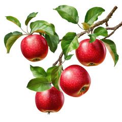 Obraz premium Fresh red apples on a branch with green leaves against a simple transparent background