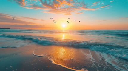 Tranquil beach scene with a vibrant sunrise, gentle waves, and birds flying across the sky, creating a serene seascape.