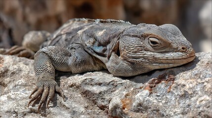 Obraz premium A close-up of an iguana perched on a rock with rocks in the foreground, and a tree in the background