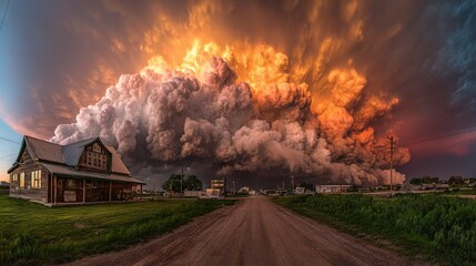   A house on a dirt road in front of a massive smoke cloud and billowing smoke from above