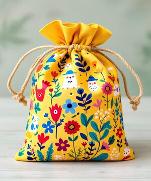 Vibrant yellow drawstring pouch with floral and cartoon animal pattern on wooden table