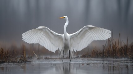   A majestic white bird, perched on a water's edge, displays its wingspan in the reflective surface