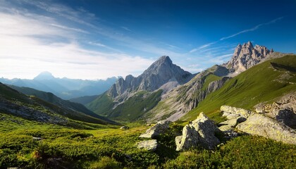 Fototapeta premium travel inspiration adventure cinematic concept majestic mountain range under a clear sky surrounded by lush greenery and rocky terrain