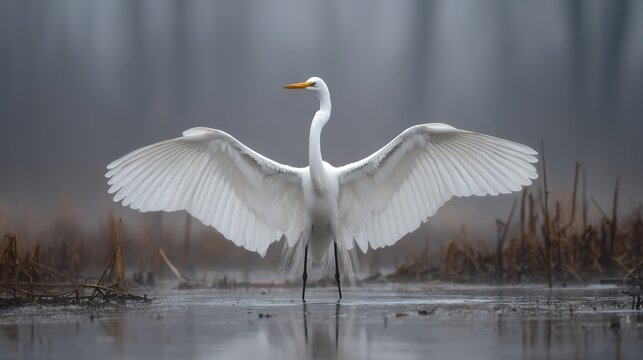   A majestic white bird, perched on a water's edge, displays its wingspan in the reflective surface - Powered by Adobe