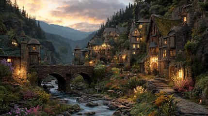   A river runs through a lush green hillside, dotted with numerous colorful flowers, leading up to a beautifully lit bridge