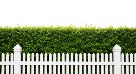 White picket fence and green hedge isolated on transparent background