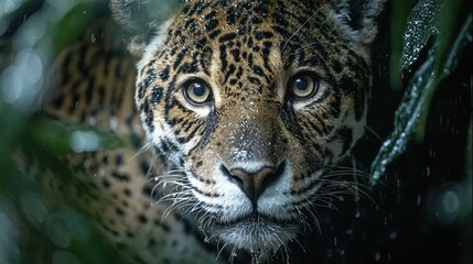 Fototapeta premium A close-up of a leopard's face through tree branches with water droplets