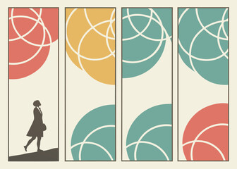 Fototapeta premium Elegant abstract geometric art design featuring a woman in silhouette accompanied by colorful shapes and minimalist style.