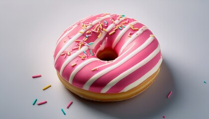a pink and white striped donut with sprinkles positioned centrally against a solid light background