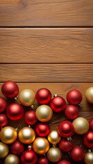 Obraz premium Festive Christmas Ornament Background on Rustic Wooden Surface a Decorative Holiday Arrangement with Red and Gold Baubles