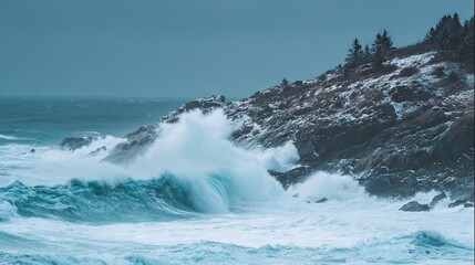 Obraz premium Crashing wave onto rocky shore with pine-topped hill behind