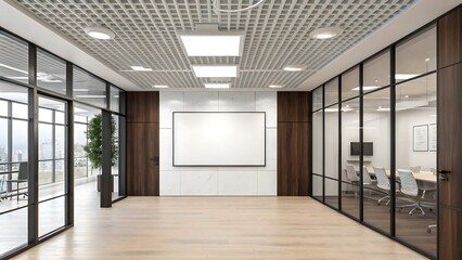 Fototapeta premium Contemporary Office Interior with Glass Partitions and Whiteboard – Minimalist Workspace Concept