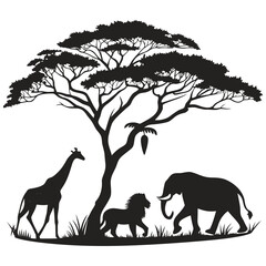 Silhouette of african animals under a tree on a white background design