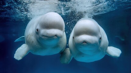Naklejka premium A pair of dolphins swimming together in a body of water with bubbles emerging from the surface