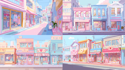 Charming pastel-colored illustration of a city street lined with adorable shops and cafes, ideal for a cute neighborhood or shopping district scene.

