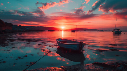 Fiery seascape at sunset with reflections in the water and a small boat gently resting on the shore.