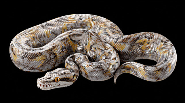  Marble-patterned python curled on black background 