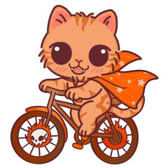 Halloween Cat on Bicycle, Cute Tabby Kitten with Magic Cape and Spooky Wheels