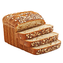 Freshly baked seeded bread loaf with sliced pieces on isolated transparent background