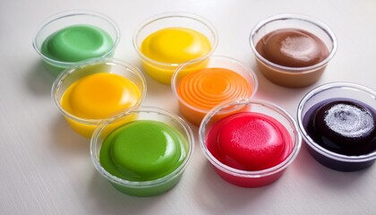overhead view of colorful puddings in different flavors