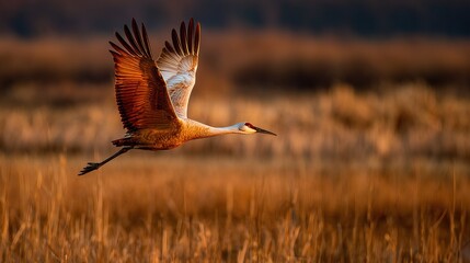 Fototapeta premium Flying bird over tall grass field, wings spread wide