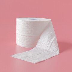 Tissue rolls of toilet paper lying on pink background.