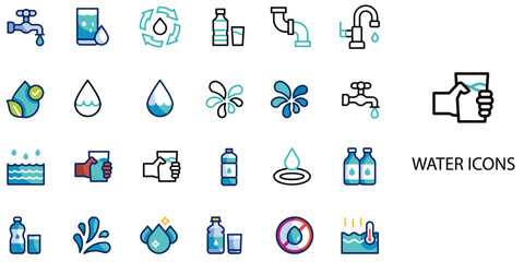 Water simple concept 24 color icons set .Vector illustration.	