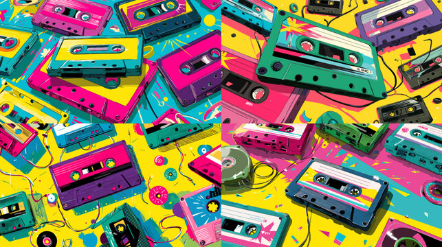 Bright and vibrant retro cassette tape illustration with bold neon colors, perfect for nostalgic 80s or 90s themed music and vintage pop culture designs.

