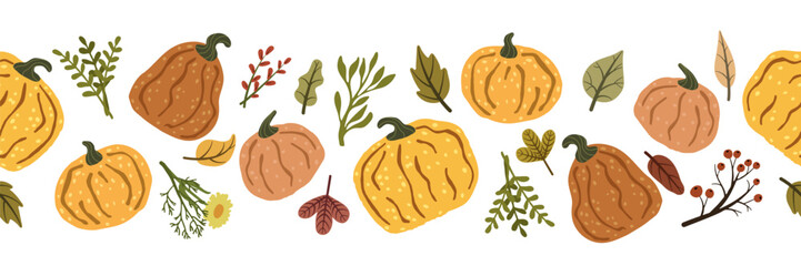 Seamless pattern with pumpkins, leaves and branches celebrating autumn vibes
