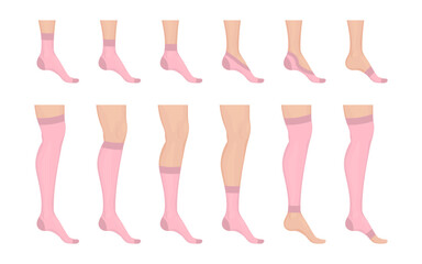 Different types of pink socks and stockings on feet and legs