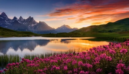 Fototapeta premium serene lake and mountain vista a stunning vista unfolds before the viewer with a picturesque lake reflecting the vivid colors of a sunset sky framed by majestic mountains and lush floral landscape