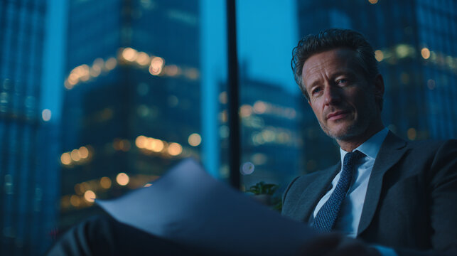 Focused businessman reading document in office at night with city lights in background