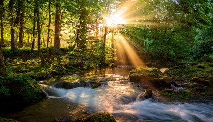 golden sunlight streaming through trees over serene stream in lush forest nature photography tranquil environment