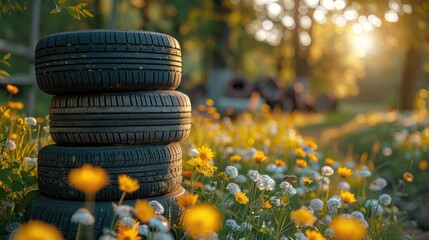 Car tyres in flowers