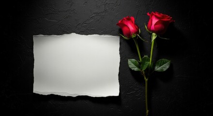 two red roses and blank torn paper on a dark textured background