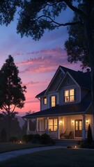 Charming Suburban House With Warm Lights At Twilight Surrounded By Trees And Pink Sky Representing Home Comfort Evening And Tranquility

