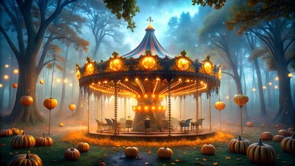 Enchanting vintage carousel illuminated with golden lights in a mystical forest surrounded by autumn pumpkins at night