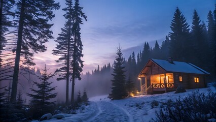 Cozy Wooden Cabin In Snowy Forest At Dusk With Warm Lights Glowing Representing Winter Wilderness Peaceful Nature And Remote Living
