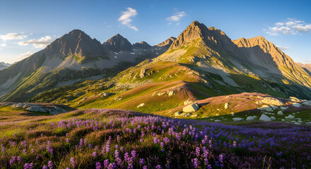 Fototapeta premium Majestic Mountain Landscape with Vibrant Lavender Field Under Blue Sky for Travel and Nature Enthusiasts