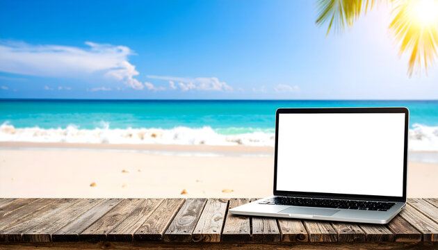 Laptop on beach remote work digital nomad lifestyle concept on seaside