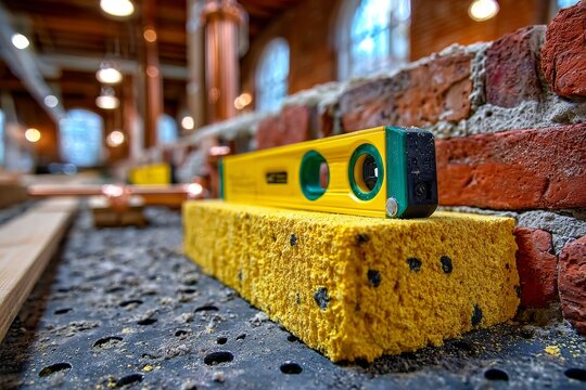 Hoja de yeso apoyada en una pared de ladrillo en un espacio de construcci&oacute;n iluminado