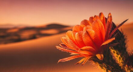 Blooming Cactus Flower in Desert Landscape at Sunset