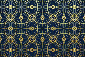 Ethnic blue background, tribal design cover, banner, wallpaper. Geometric abstract pattern, gold texture. Classic ornaments, arabesques, mandala of the East, Asia, India, Mexico, Aztec, Peru.
