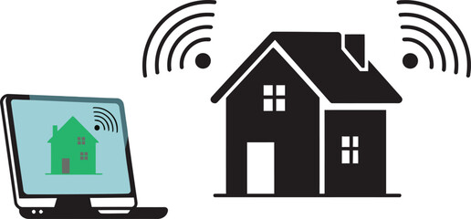Smart Home Network Connectivity. The Future of Technology with Modern House and Laptop. Wifi Communication, Remote Control, Automation System. Vector Illustration.