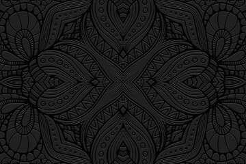 Ethnic black background, banner, tribal cover design, mural. Geometric embossed abstract boho pattern. Handmade in doodling, zentangle style. Ornaments of the East, Asia, India, Mexico, Aztec, Peru.