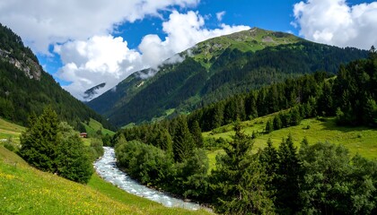 Obraz premium Alpine valley with river and meadows