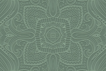 Fototapeta premium Ethnic green background, banner, tribal cover design, mural. Geometric embossed artistic boho pattern. Handmade in doodle, zentangle style. Ornaments of the East, Asia, India, Mexico, Aztec, Peru.