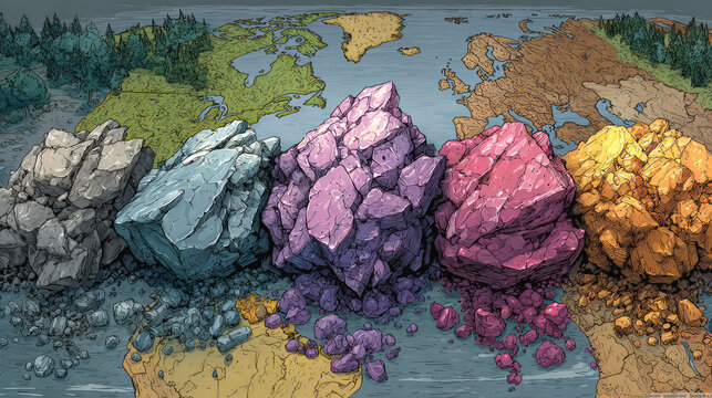 Exploring significance of rare earth elements in global politics, this illustration showcases colorful mineral deposits on world map