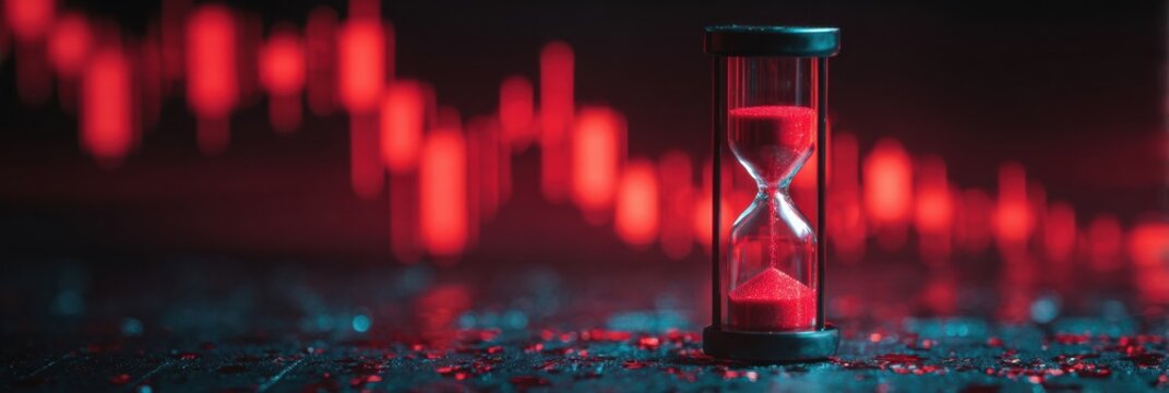 Hourglass on Table Reflecting Urgency as Red Trend Line Suggests Market Fluctuations in Financial Analysis - Powered by Adobe