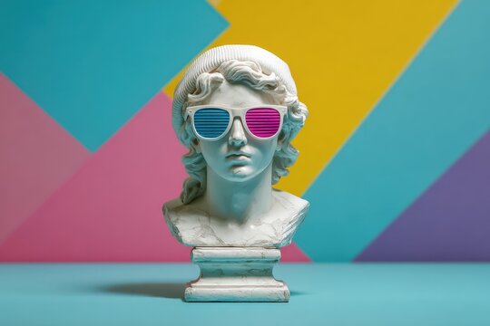 Classic bust wearing colorful sunglasses against vibrant geometric background in modern art setting